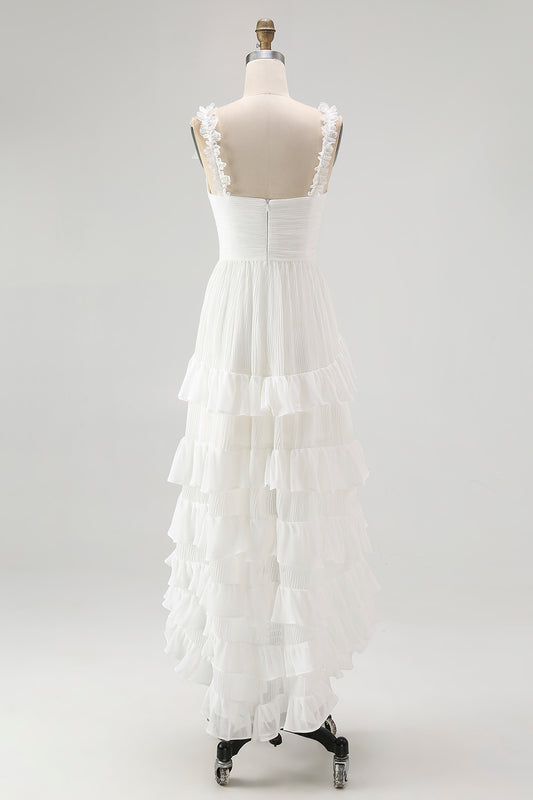 Ivory Tiered Ruffled A Line V-Neck High-Low Western Wedding Dress