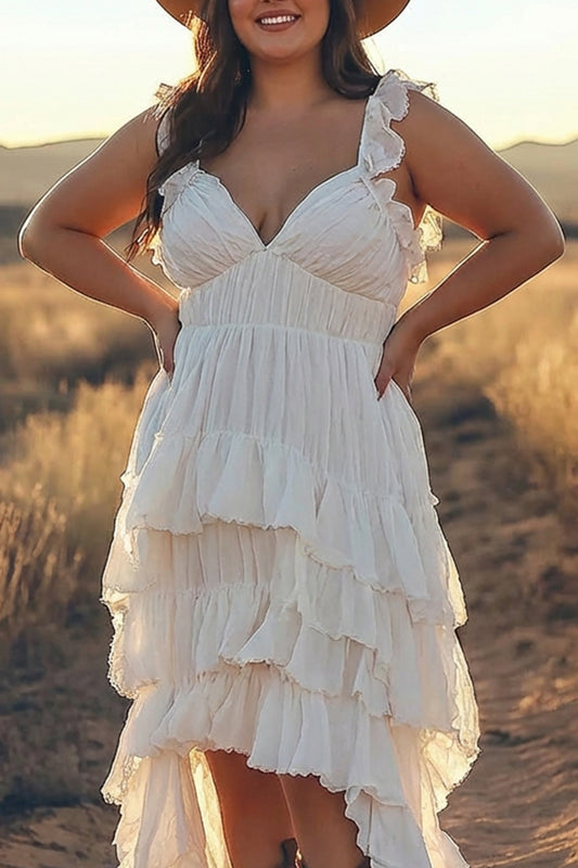 Ivory Plus Size A Line Ruffled V-Neck High-Low Tiered Western Wedding Dress