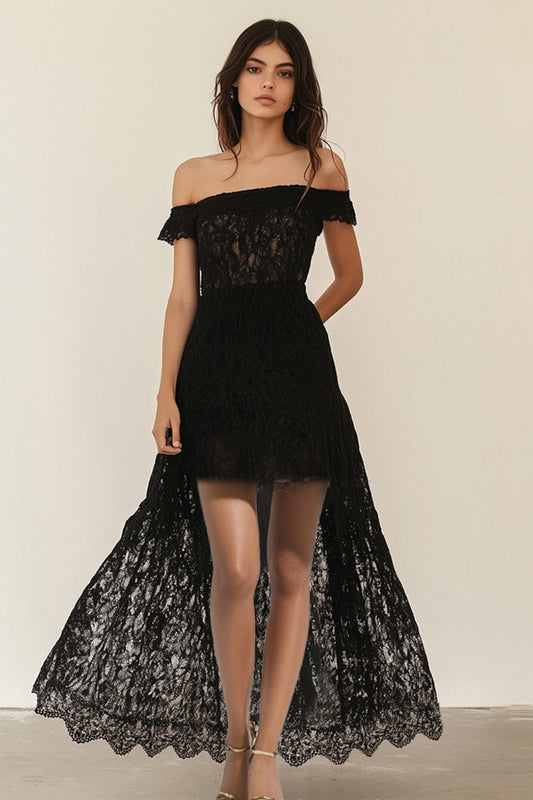 Black Lace A Line Off the Shoulder High-Low Formal Dress