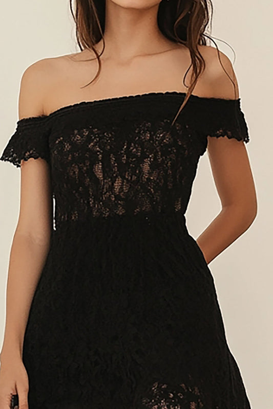 Black Lace A Line Off the Shoulder High-Low Formal Dress