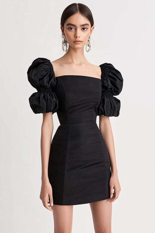 Black Satin Bodycon Square Neck Short Graduation Dress