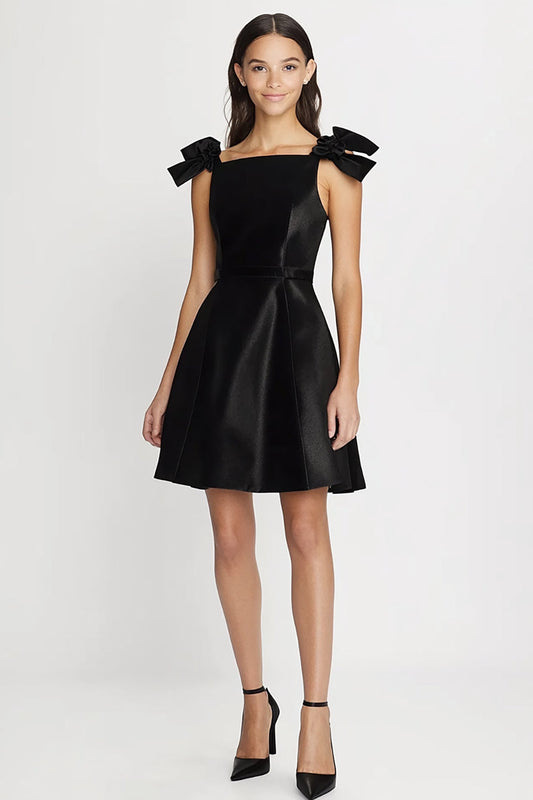 Black Satin Spaghetti Straps Short Graduation Dress with Bow