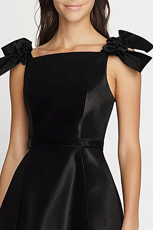 Black Satin Spaghetti Straps Short Graduation Dress with Bow