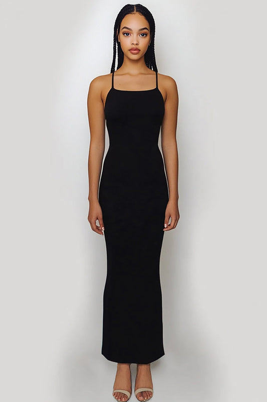 Black Satin Spaghetti Straps Long Sheath Formal Dress