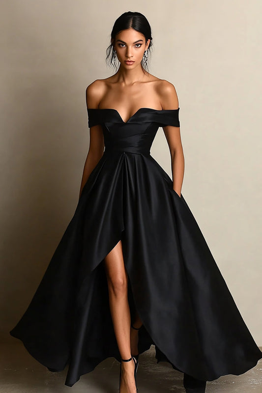 Black Satin A Line Off the Shoulder Long Formal Dress with Slit