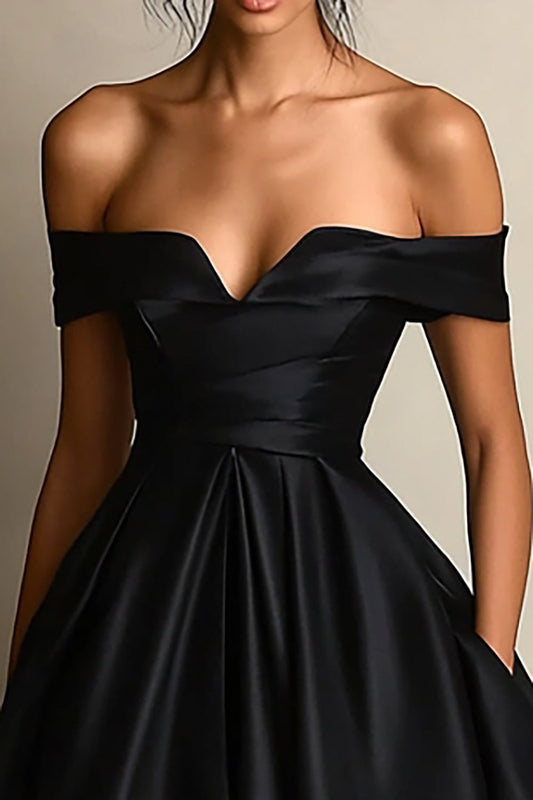 Black Satin A Line Off the Shoulder Long Formal Dress with Slit