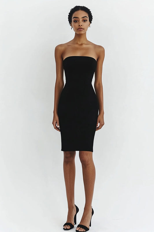 Black Satin Strapless Bodycon Short Cocktail Dress