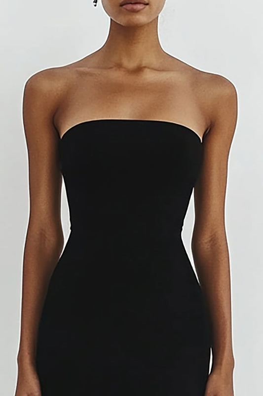 Black Satin Strapless Bodycon Short Cocktail Dress