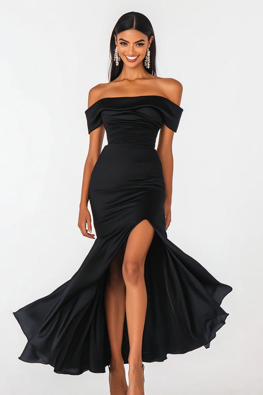 Black Mermaid Off the Shoulder Long Formal Dress with Slit