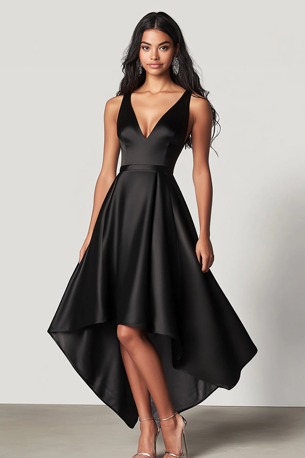 Zapakasa Women Satin Long A Line Formal Dress V-Neck Sleeveless Black