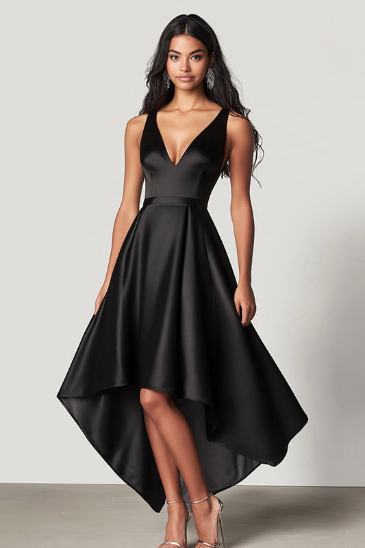 Black A Line V-Neck High-Low Satin Formal Dress