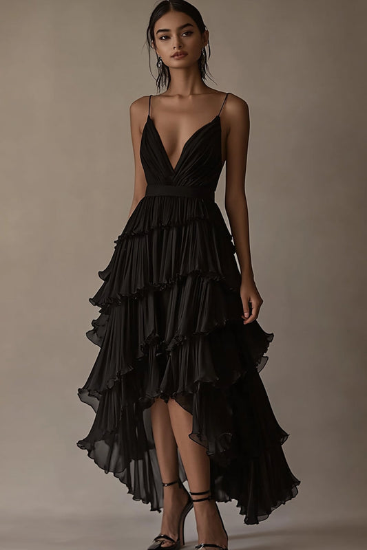 Black A Line Tiered Deep V-Neck High-Low Formal Dress