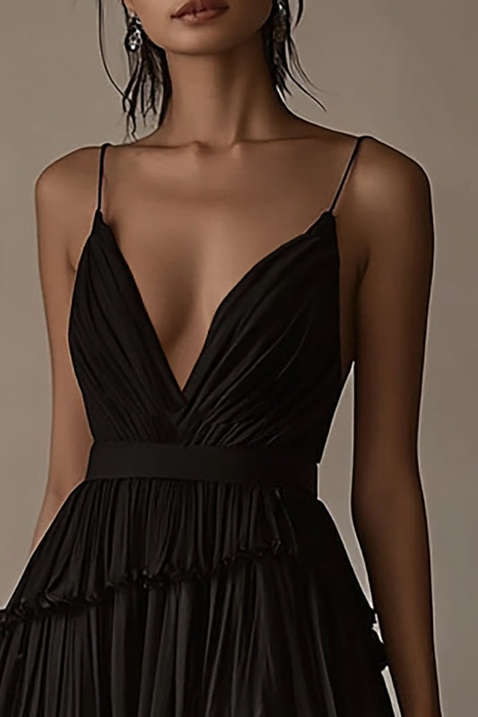 Black A Line Tiered Deep V-Neck High-Low Formal Dress