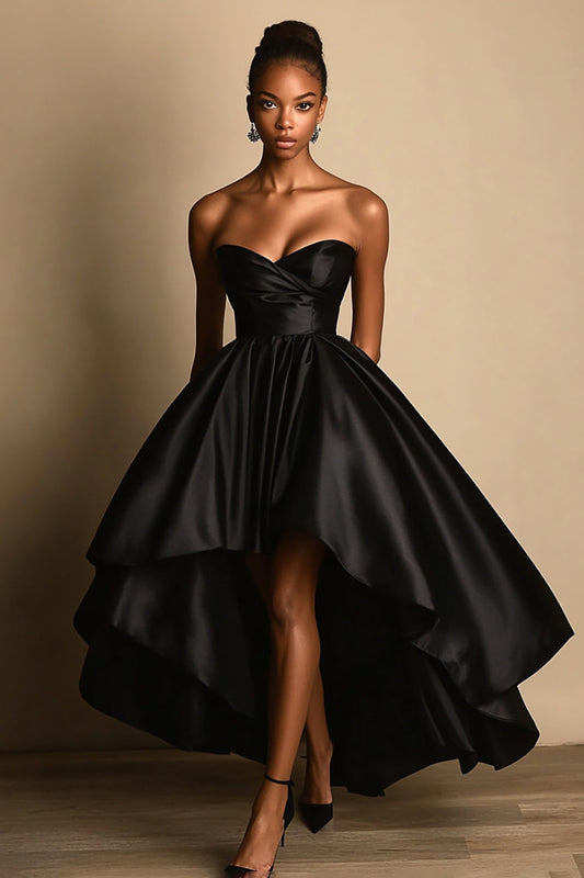 Black Sweetheart Satin High-Low A Line Formal Dress