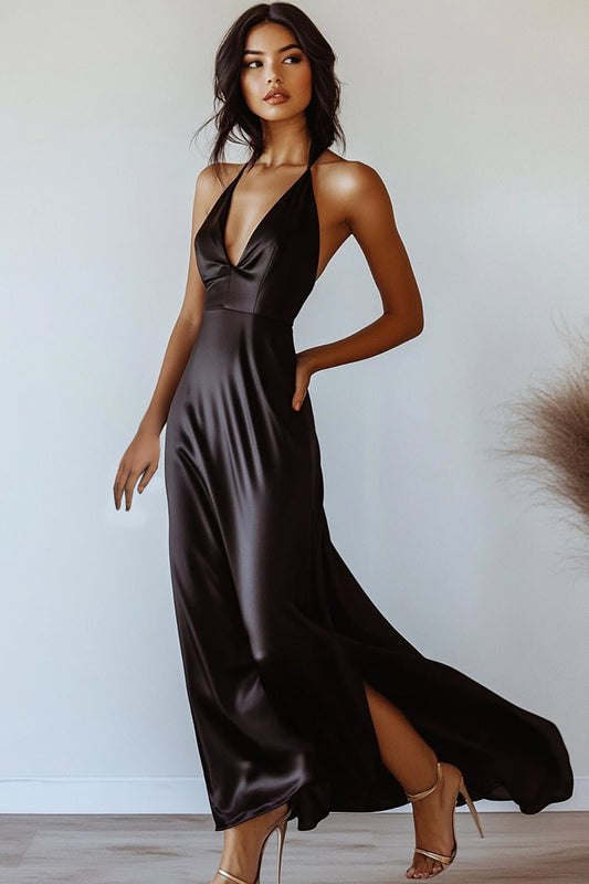 Black Deep V-Neck Satin Sheath Long Formal Dress