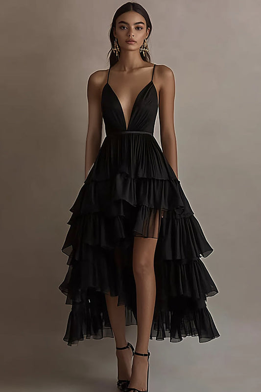 Black Tulle A Line Deep V-Neck High-Low Tiered Formal Dress