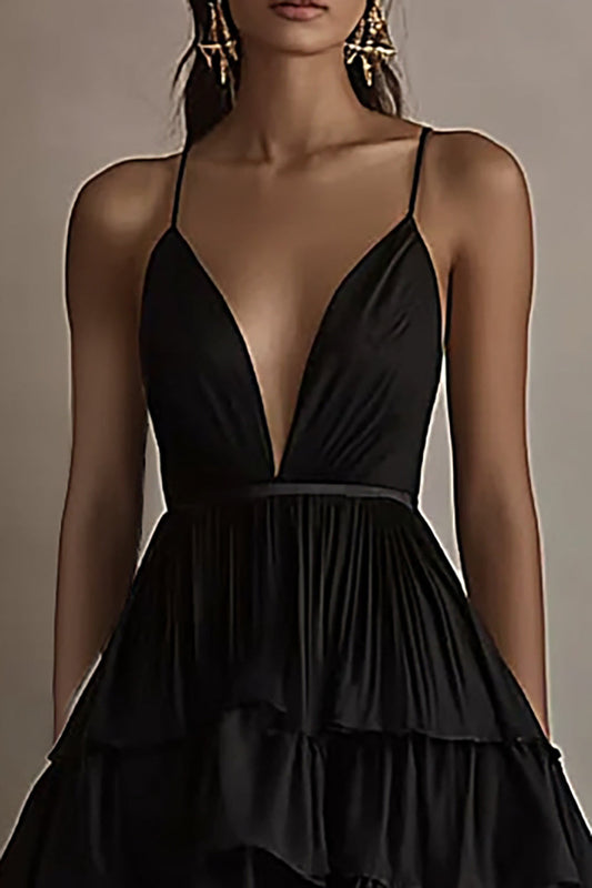 Black Tulle A Line Deep V-Neck High-Low Tiered Formal Dress