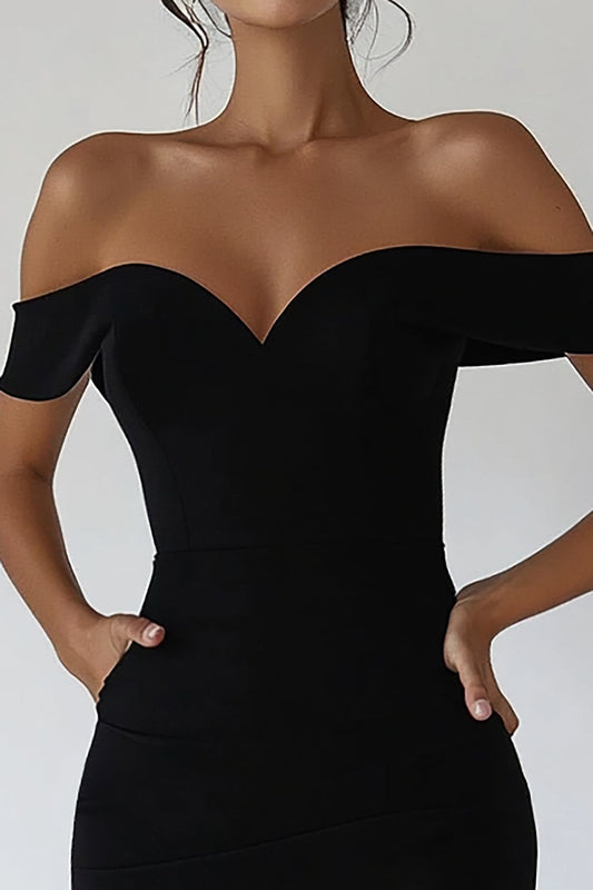 Black Off the Shoulder Satin Short Bodycon Graduation Dress