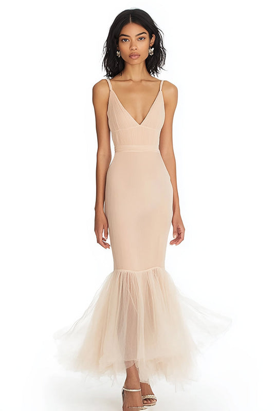Champagne Mermaid Deep V-Neck Long Formal Dress