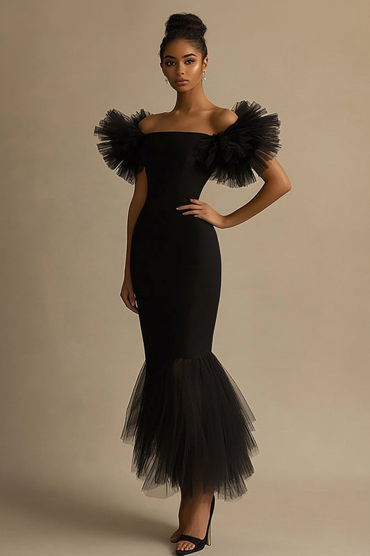 Black Satin Off The Shoulder Mermaid Long Formal Dress with Ruffles