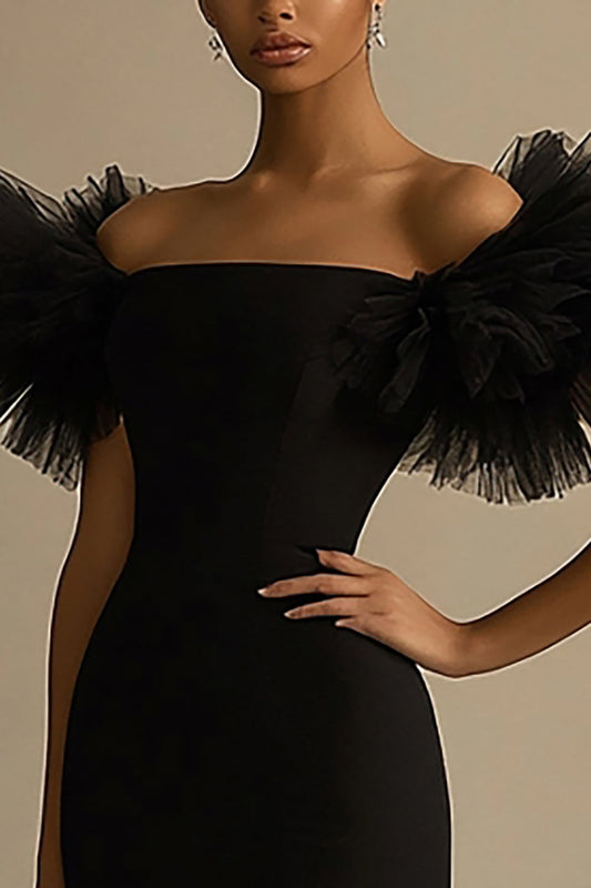 Black Satin Off The Shoulder Mermaid Long Formal Dress with Ruffles