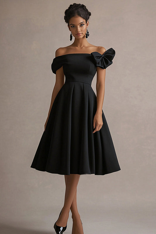 Black Satin Off The Shoulder Midi A Line Formal Dress with Bow