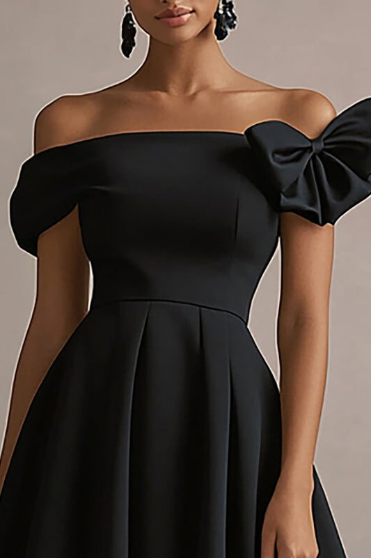 Black Satin Off The Shoulder Midi A Line Formal Dress with Bow