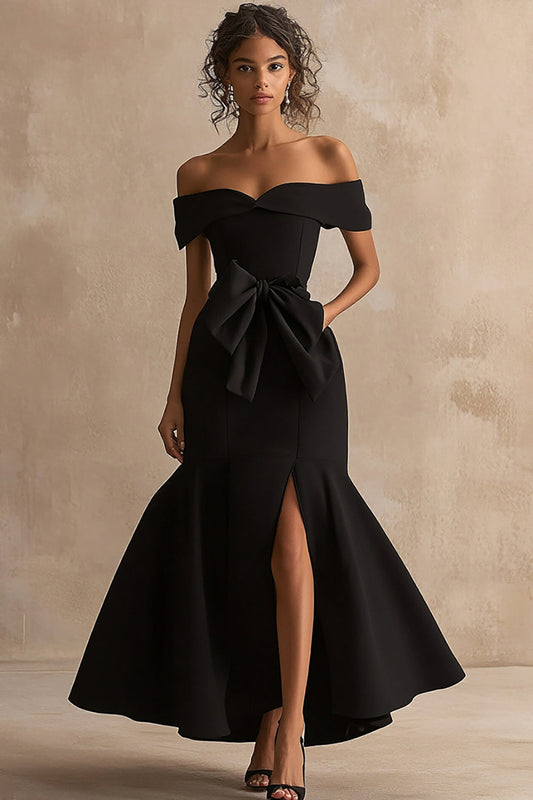 Black Satin Mermaid Off The Shoulder Long Formal Dress with Slit