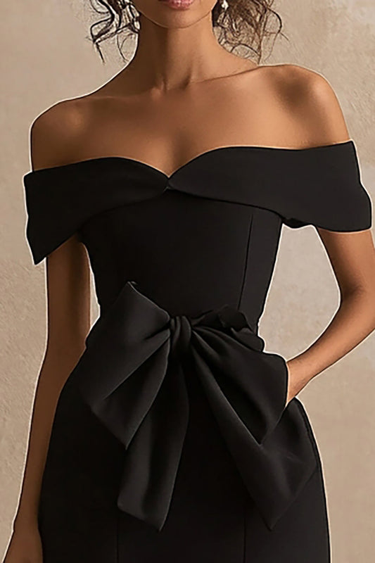 Black Satin Mermaid Off The Shoulder Long Formal Dress with Slit