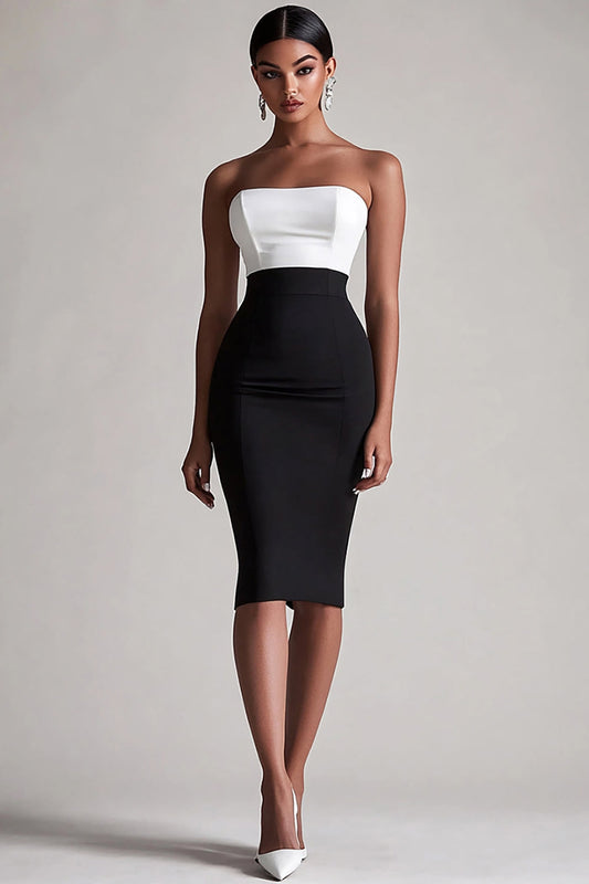 Black and White Bodycon Satin Strapless Midi Cocktail Dress