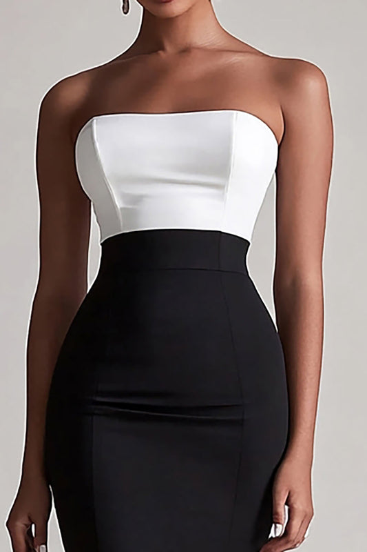 Black and White Bodycon Satin Strapless Midi Cocktail Dress