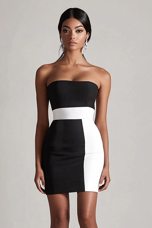Black and White Satin Bodycon Short Strapless Cocktail Dress