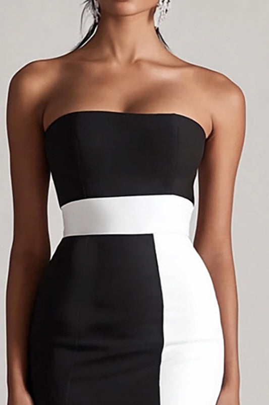 Black and White Satin Bodycon Short Strapless Cocktail Dress