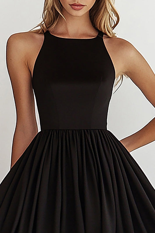 Black A Line Boat Neck Short Cocktail Dress