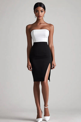 Black and White Strapless Satin Bodycon Midi Cocktail Dress with Slit