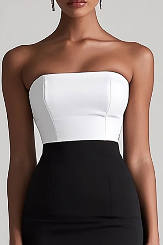 Black and White Strapless Satin Bodycon Midi Cocktail Dress with Slit