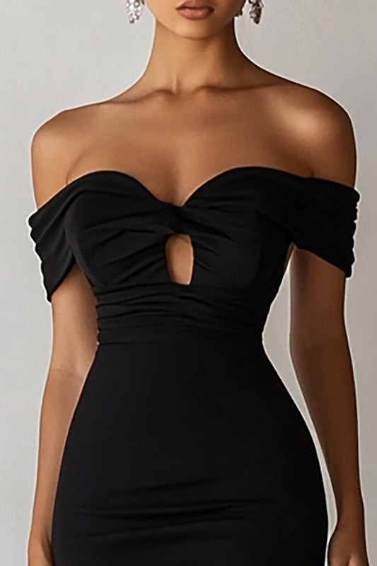 Black Off The Shoulder Bodycon Short Keyhole Cocktail Dress with Slit