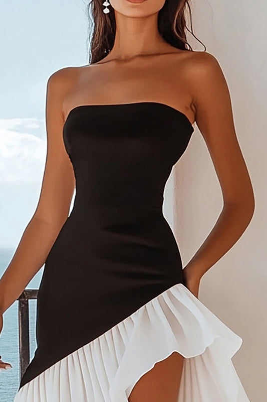 Black and White Strapless A Line Asymmetrical Cocktail Dress with Ruffles