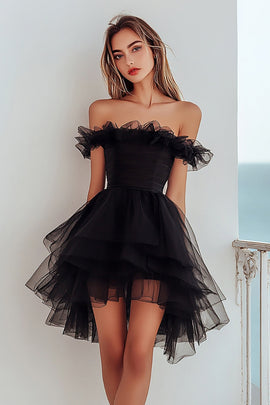 Black Tulle Off The Shoulder A Line Short Cocktail Dress with Ruffles