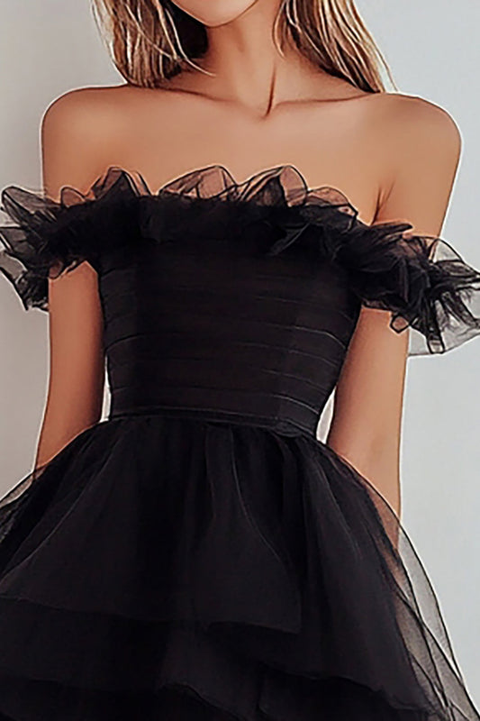 Black Tulle Off The Shoulder A Line Short Cocktail Dress with Ruffles