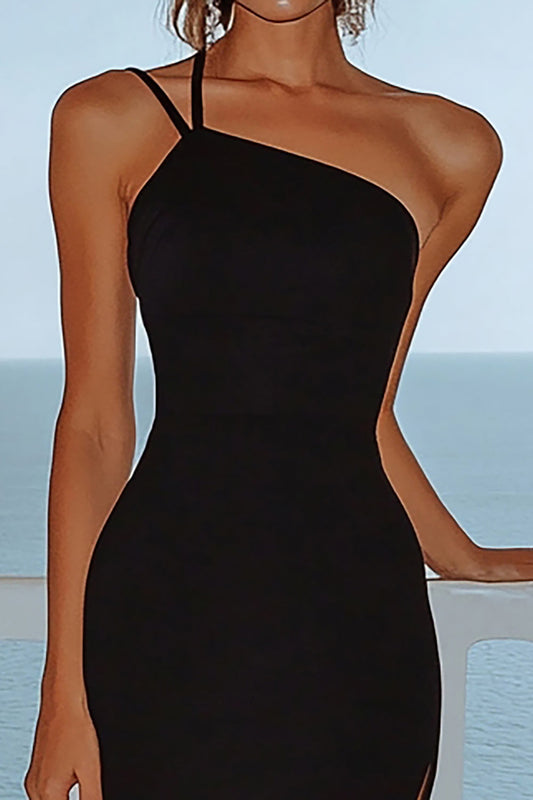 Black Satin One Shoulder Mermaid Long Formal Dress with Slit