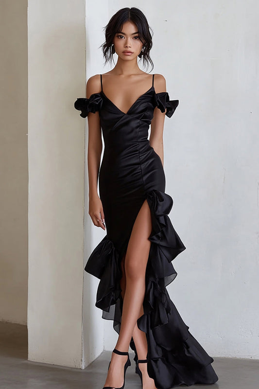 Black Cold Shoulder Sheath Long Formal Dress with Ruffles