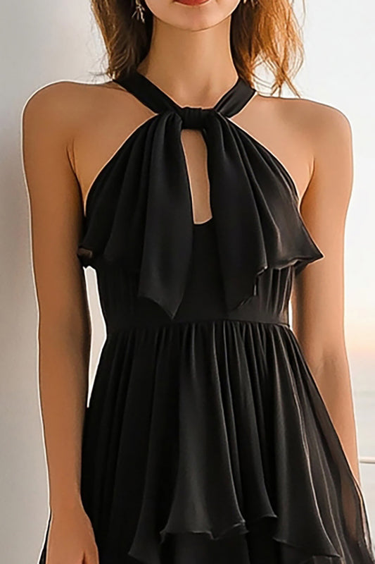 Black Chiffon Halter A Line Short Tiered Cocktail Dress with Keyhole