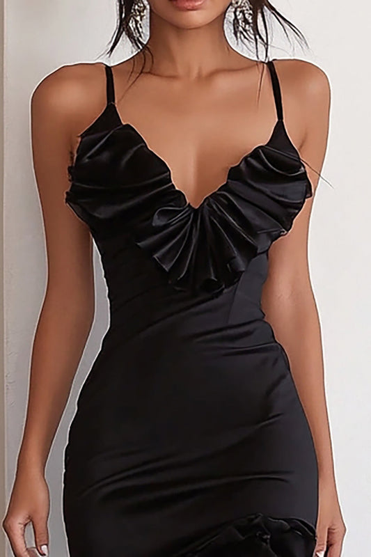 Black Bodycon Spaghetti Straps High-Low Formal Dress with Ruffles