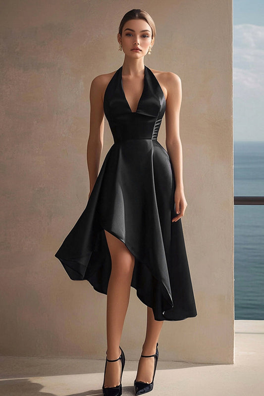Black Halter A Line Satin Asymmetrical Cocktail Dress