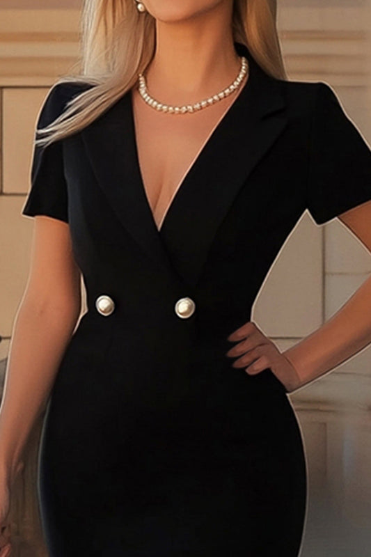 Black Satin Bodycon V Neck Short Cocktail Dress with Sleeves