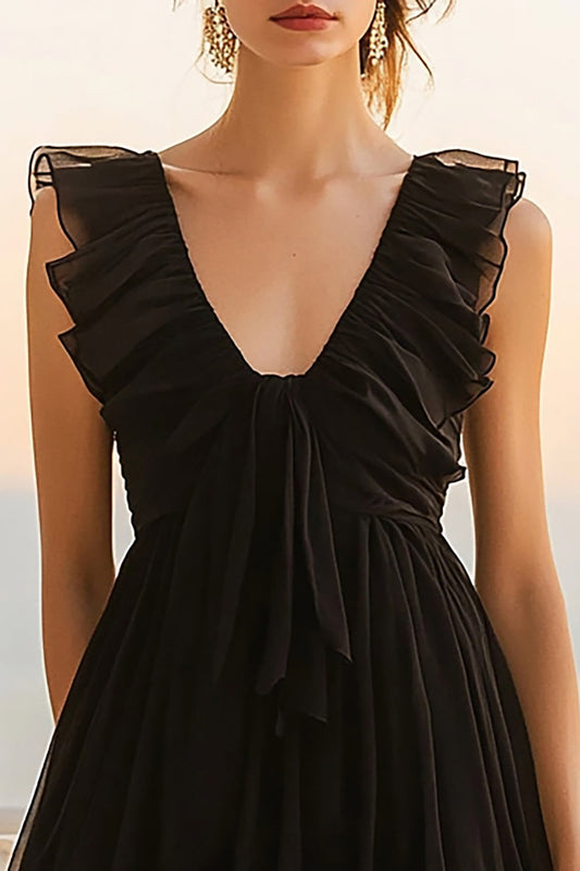 Black Chiffon A Line V Neck Short Cocktail Dress with Ruffles