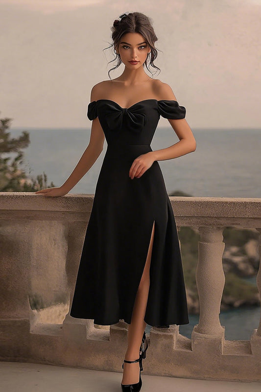 Black Satin A Line Off The Shoulder Midi Formal Dress with Slit