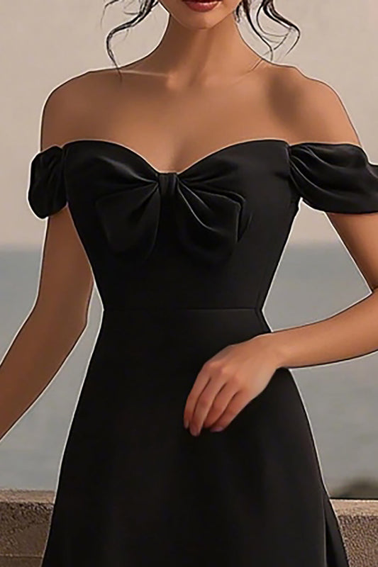 Black Satin A Line Off The Shoulder Midi Formal Dress with Slit