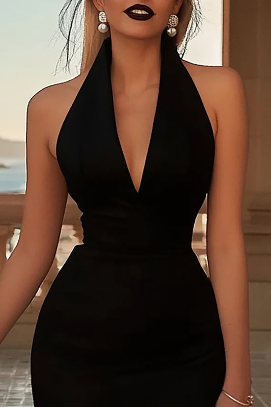 Black Satin Halter Bodycon Short Cocktail Dress